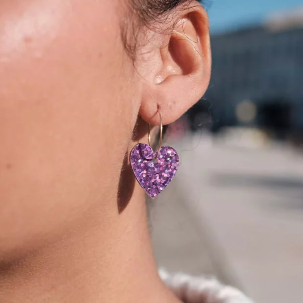 Créoles fil coeur pailleté violet – Image 2