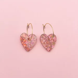 Créoles fil coeurs pailletés roses